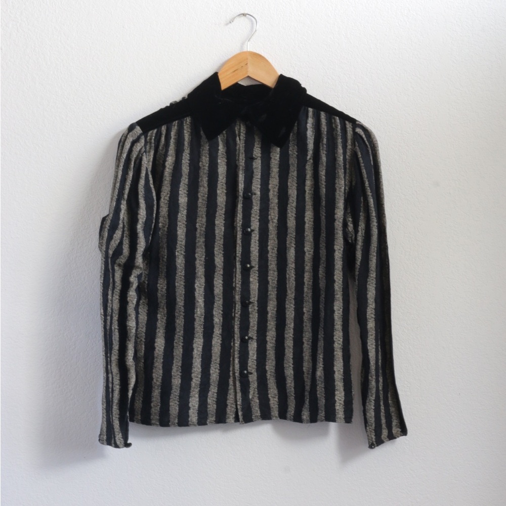 Emanuel Ungaro Black and Silver Striped Button-Up Blouse